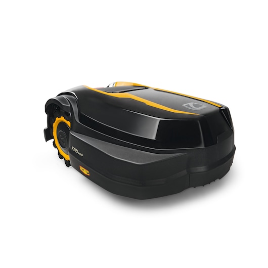 CubCadet 22AKHEFA603 robotic lawn mower, black with yellow accents, side angle on white background.