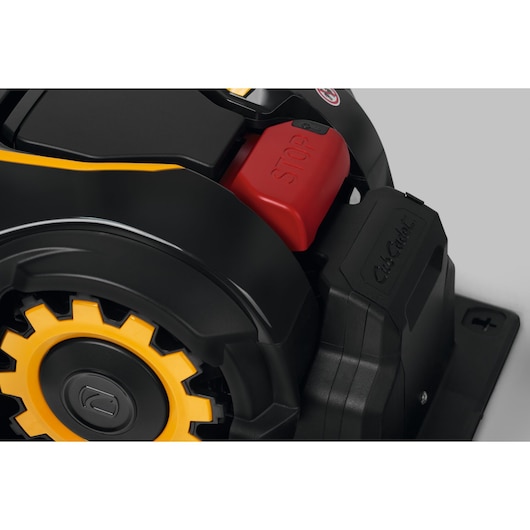 CubCadet 22AKHEFA603 robotic mower close-up showing yellow wheel and red stop button, white background.