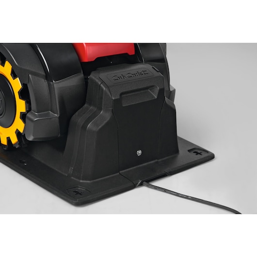 CubCadet 22AKHEFA603 robotic lawn mower base, black and yellow, close-up angle on white background.