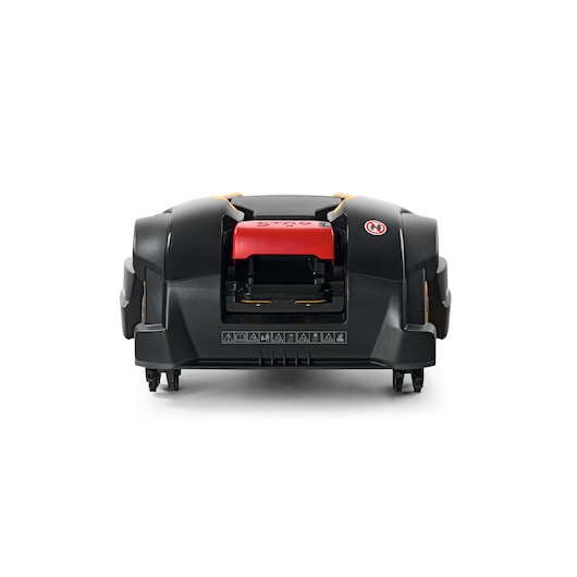 CubCadet 22AKJEFA603 robotic lawn mower, black and red, front angle on white background.