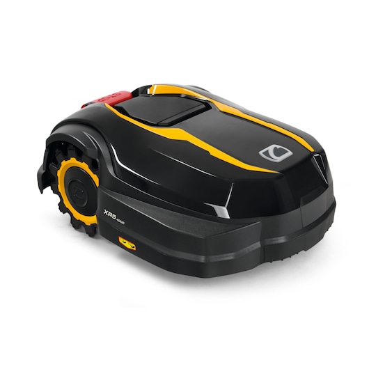 CubCadet 22AKLEFA603 robotic lawn mower, black with yellow accents, side angle, clean white background.