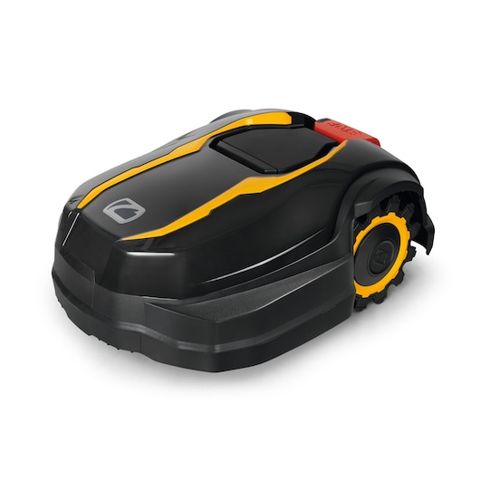 CubCadet 22AKLEFA603 robotic lawn mower, black and yellow, front angle on white background.