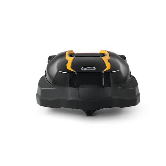 CubCadet 22AKLEFA603 robotic lawn mower, black and yellow, front angle on white background.