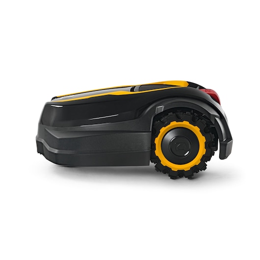 CubCadet 22AKLEFA603 robotic lawn mower side view, black and yellow body, rugged rear wheel.