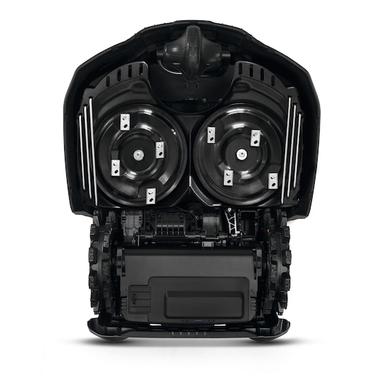 CubCadet 22AKLEFA603 mower underside view showing dual cutting blades and black housing.
