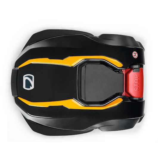 CubCadet 22AKLEFA603 robotic lawn mower, black and yellow, top view, with red STOP button.