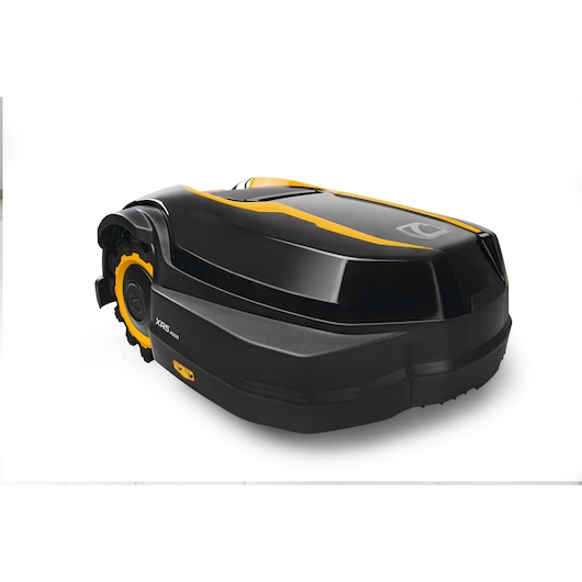 CubCadet 22AKLEFA603 robotic lawn mower, black and yellow, side angle, on white background.