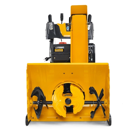 CubCadet 31AY5EVX603 snow blower front angle, yellow housing, visible auger and chute, white background.