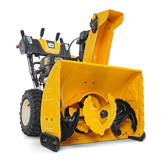 CubCadet 31AY5EVX603 snow blower front angle, yellow housing, visible auger and chute on white background.