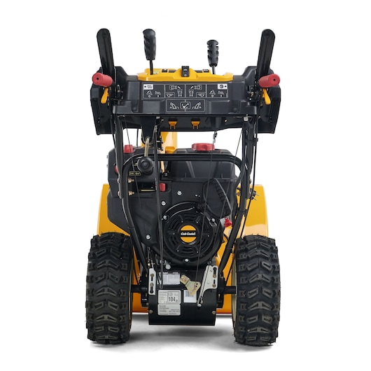CubCadet 31AY5EVX603 snow blower, rear angle, showing control handles, engine, and rugged wheels.