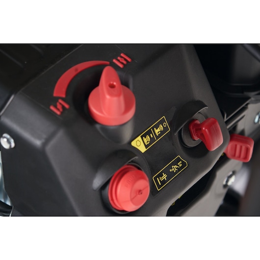 CubCadet 31AY5EVX603 control panel with red knobs and yellow symbols, product photography, front angle.