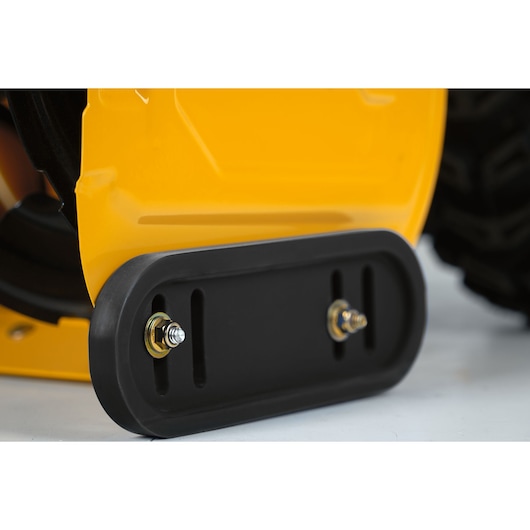 CubCadet 31AY5EVX603 photography of close up yellow snow blower skid plate, front angle, black mounting bolts.
