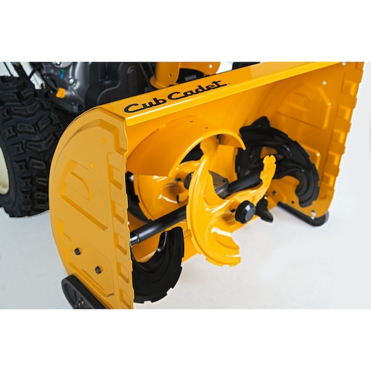 CubCadet 31AY5EVX603 snow blower front angle, yellow auger housing and black auger blades.