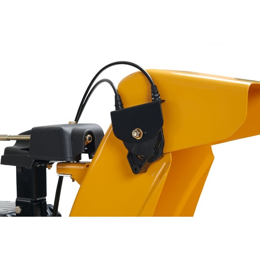 CubCadet 31AY5EVX603 yellow snow blower chute control mechanism, side angle photo.