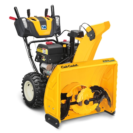 Photo of CubCadet 31AY5EVY603 yellow snow blower with black handles, front angle, on white background.