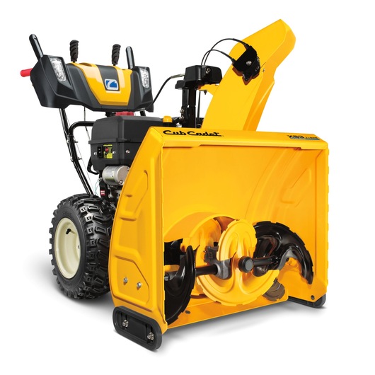 CubCadet 31AY5EVY603 snow blower with yellow housing, large wheels, and visible auger, front angle on white background.