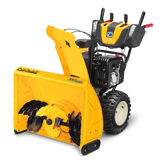 CubCadet 31AY5EVZ603 snow blower front angle, yellow housing, dual-stage auger, large wheels, control panel visible.