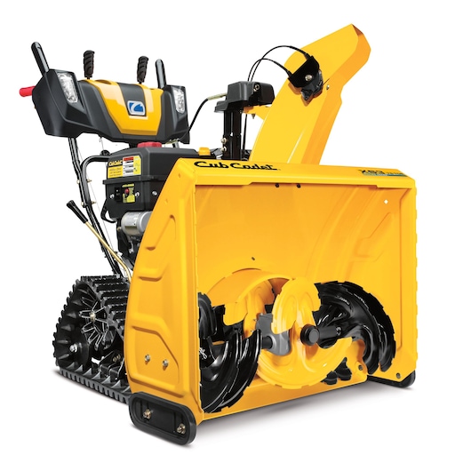 CubCadet 31AY7EVZ603 yellow snow blower front angle on white background, showing auger and control panel.