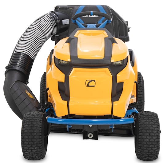 CubCadet 33ABA7ES603 riding lawn mower front view, yellow and black with vacuum hose attachment, white background.