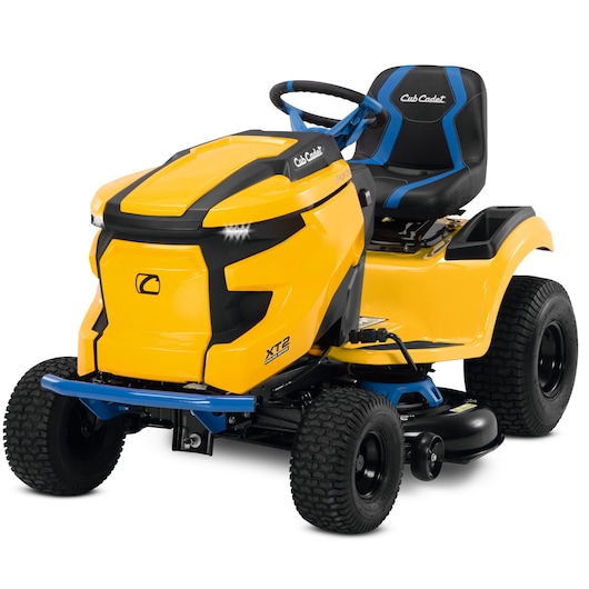 CubCadet 33ABA7ES603 yellow riding lawn mower, side angle on white background, blue and black seat details.