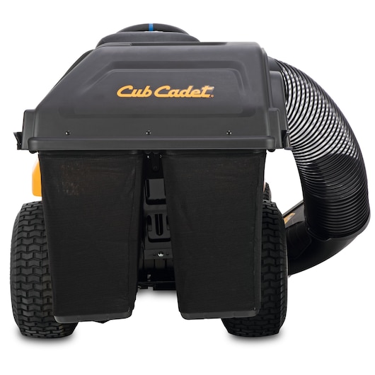 CubCadet 33ABA7ES603 lawn mower rear view with dual grass bags and black collection hose.