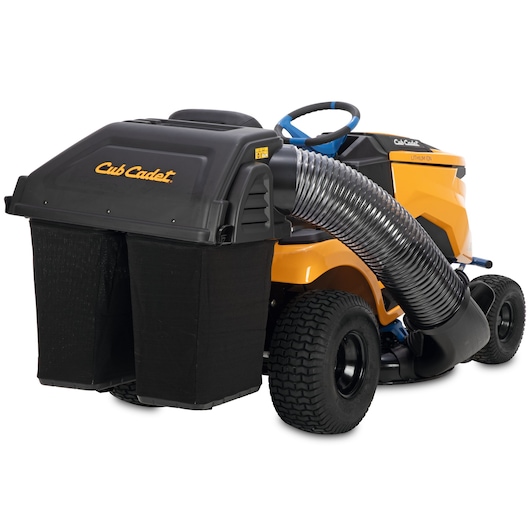 CubCadet 33ABA7ES603 ride-on mower with rear bagger, yellow and black, rear angle, photo on white background.
