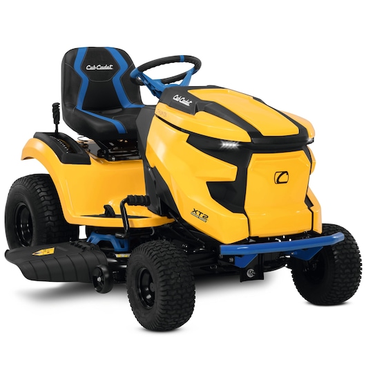 CubCadet 33ABA7ES603 yellow riding lawn mower front angle with black and blue seat, LED headlights, and side discharge.