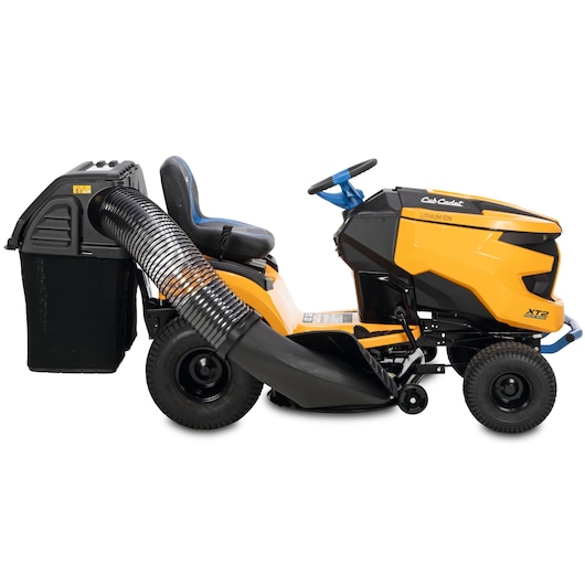 CubCadet 33ABA7ES603 riding lawn mower side view, yellow and black, with rear grass collection system.