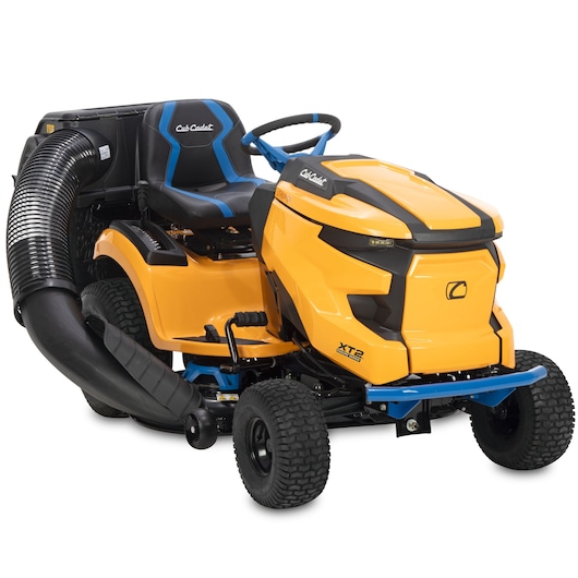 CubCadet 33ABA7ES603 ride-on lawn mower with grass collection system, yellow and black, front angle on white background.