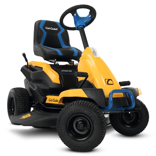 Photo of CubCadet 33BA27JD603 ride-on lawn mower, yellow and black, front angle, blue seat accents, white background.