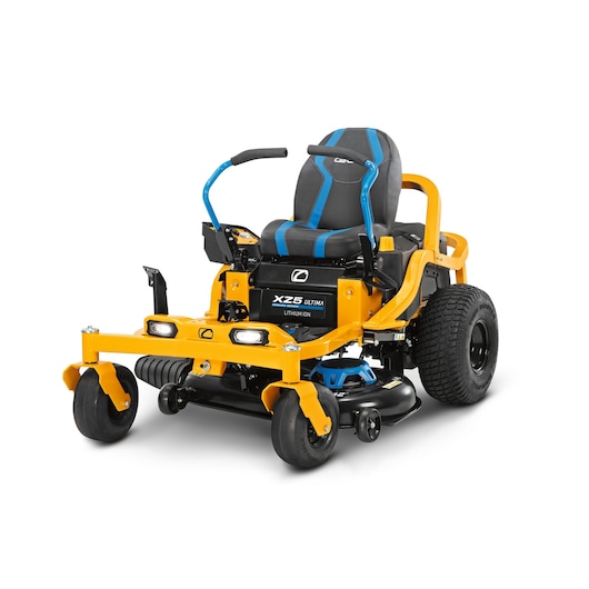 CubCadet 34BBA2CS603 zero-turn mower with yellow frame, black and blue seat, front angle on white background.