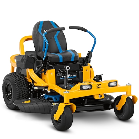 CubCadet 34BBA2CS603 zero-turn mower front angle, yellow body, black seat with blue accents, on white background.