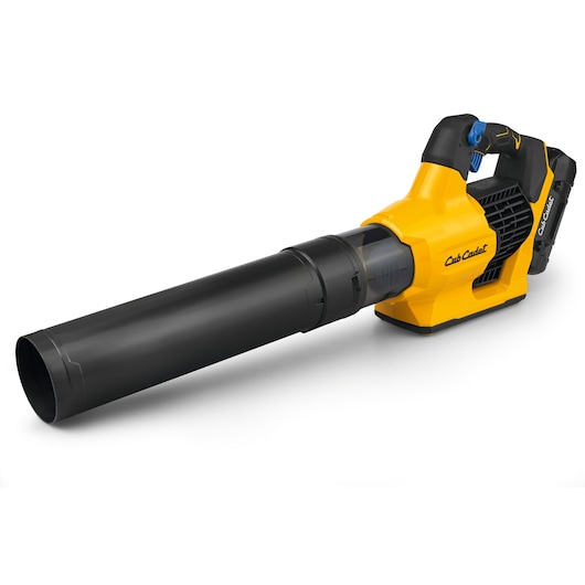 Photo of CubCadet 41AT6BE-603 cordless leaf blower, yellow and black, side angle on white background.