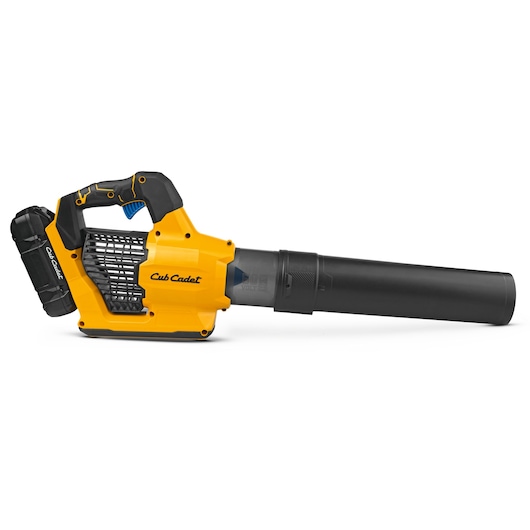 CubCadet 41AT6BE-603 yellow and black cordless leaf blower side view on white background.