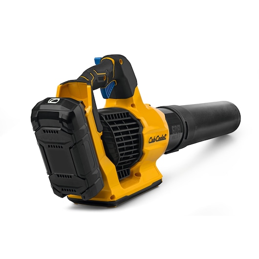 CubCadet 41AT6BE-603 cordless leaf blower, yellow and black, angled view on white background.