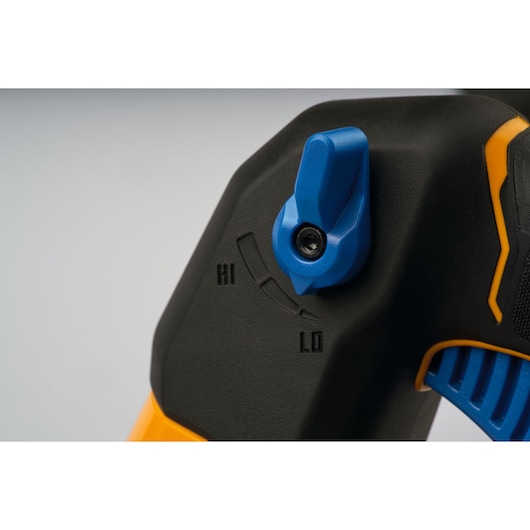 CubCadet 41AT6BE-603 throttle control close-up, blue lever on black housing, photography on white background.