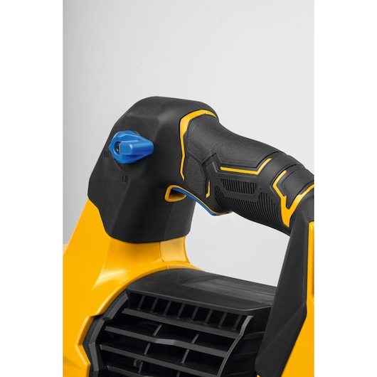 CubCadet 41AT6BE-603 blower handle close-up showing black grip and blue control knob, product photography.