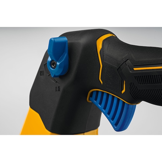 CubCadet 41AT6BE-603 handle close-up showing black and yellow grip with blue control lever, side angle.