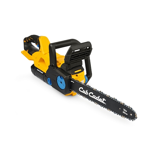 CubCadet 41AT6CGR603 chainsaw, yellow and black, side angle on white background.