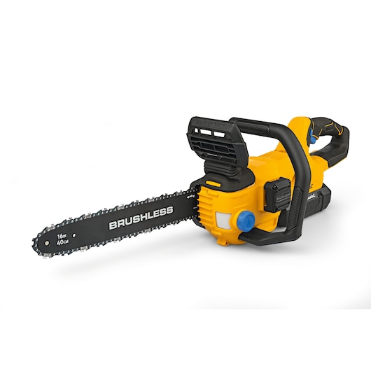 CubCadet 41AT6CGR603 chainsaw, brushless 16-inch bar, yellow and black, side angle on white background.