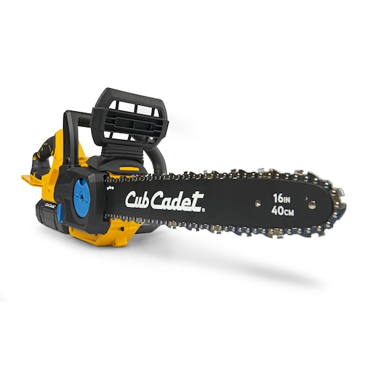CubCadet 41AT6CGR603 chainsaw, black and yellow, 16-inch bar, side angle on white background.
