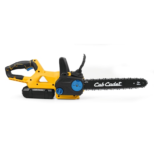 Photo of CubCadet 41AT6CGR603 chainsaw, yellow and black, side angle on white background.