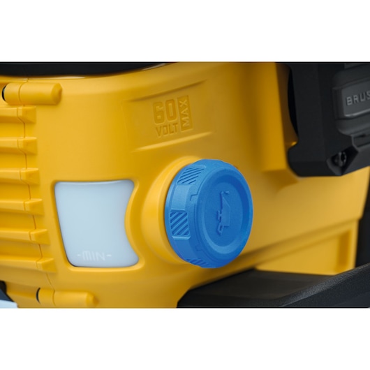 CubCadet 41AT6CGR603 close-up, yellow body with blue cap and 60 volt max marking, product side angle