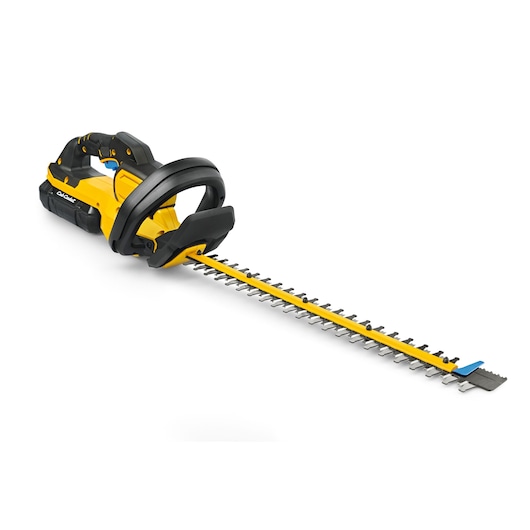 CubCadet 41AT6HK-603 yellow and black cordless hedge trimmer front angle on white background.