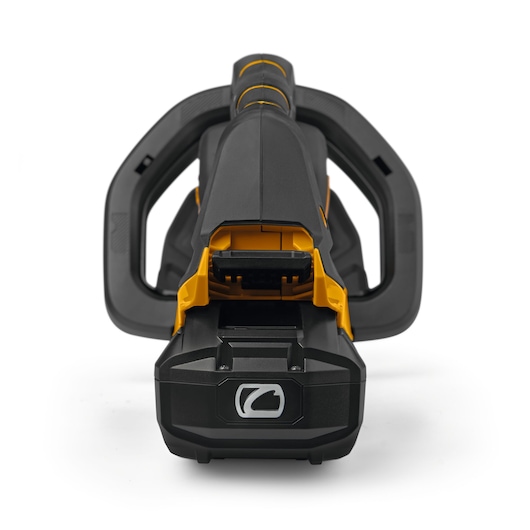 CubCadet 41AT6HK-603 leaf blower front view, black and yellow body, photography on white background.