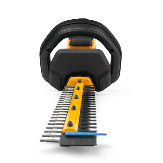 CubCadet 41AT6HK-603 hedge trimmer front close-up, showing black and yellow blade guard and handle on white background.