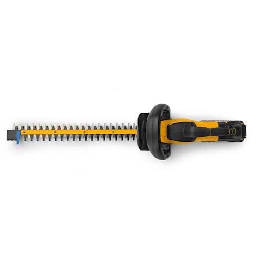 CubCadet 41AT6HK-603 hedge trimmer top view, yellow and black, on white background.
