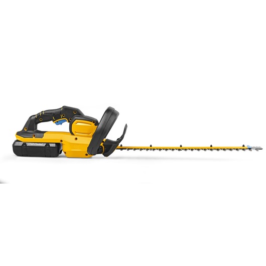 CubCadet 41AT6HK-603 yellow and black cordless hedge trimmer, side view, long blade visible.
