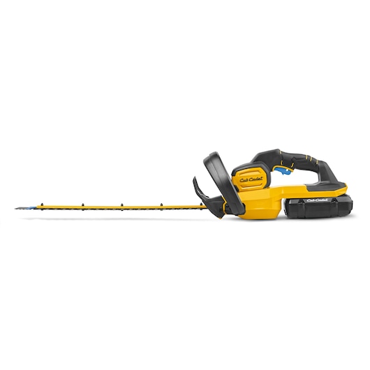 CubCadet 41AT6HK-603 yellow and black cordless hedge trimmer side angle on white background.