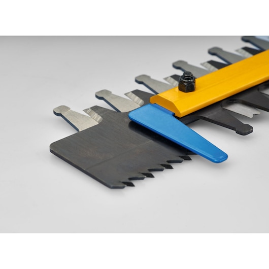 CubCadet 41AT6HK-603 hedge trimmer blade with yellow guard and blue deflector, side angle, on white background.